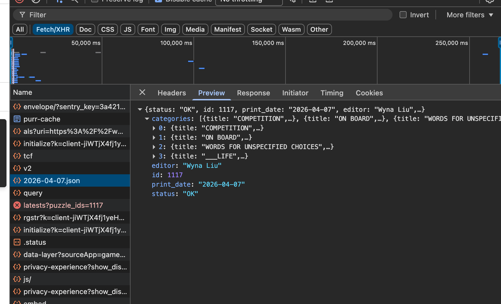 DevTools Network tab with Fetch/XHR filter active. The file 2026-04-07.json is selected in the left panel. The Preview tab on the right shows the JSON response with a categories array expanded, revealing titles: COMPETITION, ON BOARD, WORDS FOR UNSPECIFIED CHOICES, and ___LIFE.