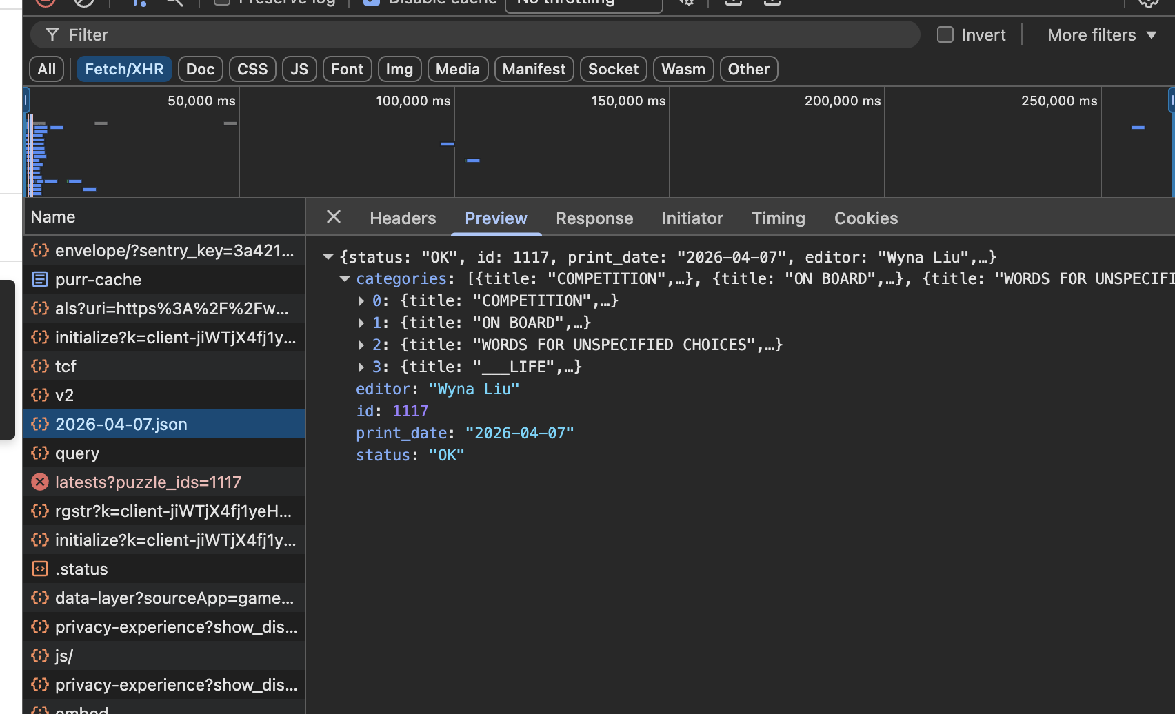 DevTools Network tab with Fetch/XHR filter active. The file 2026-04-07.json is selected in the left panel. The Preview tab on the right shows the JSON response with a categories array expanded, revealing titles: COMPETITION, ON BOARD, WORDS FOR UNSPECIFIED CHOICES, and ___LIFE.